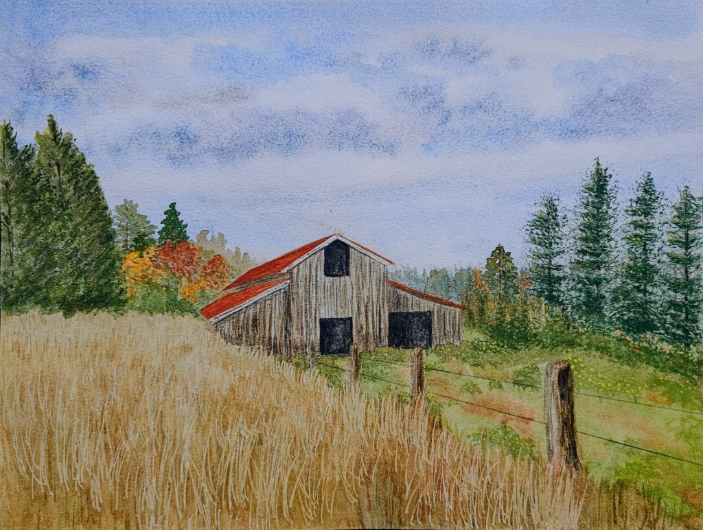 watercolor painting of a barn and surrounding fields and trees